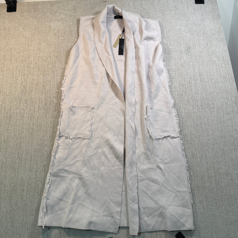 T Tahari Womens Beige Viscose Blend Knit Sleeveless Fringed Duster Vest Size M